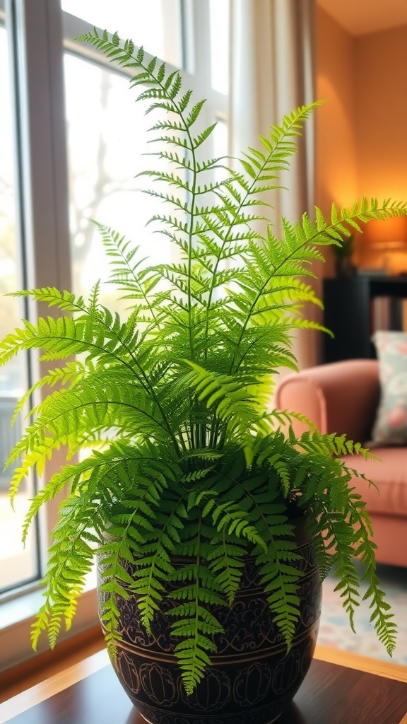 A beautiful asparagus fern in a decorative pot displaying its feathery fronds in a cozy indoor environment.